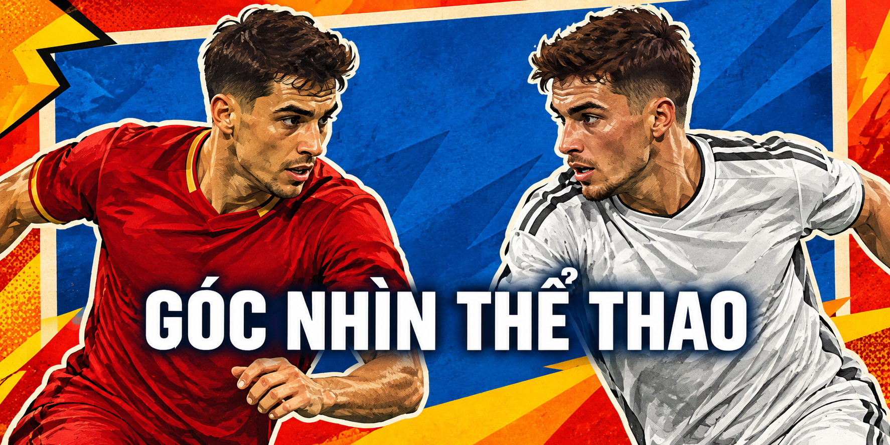 Minh họa hai cầu thủ bóng đá với tiêu đề Góc nhìn thể thao